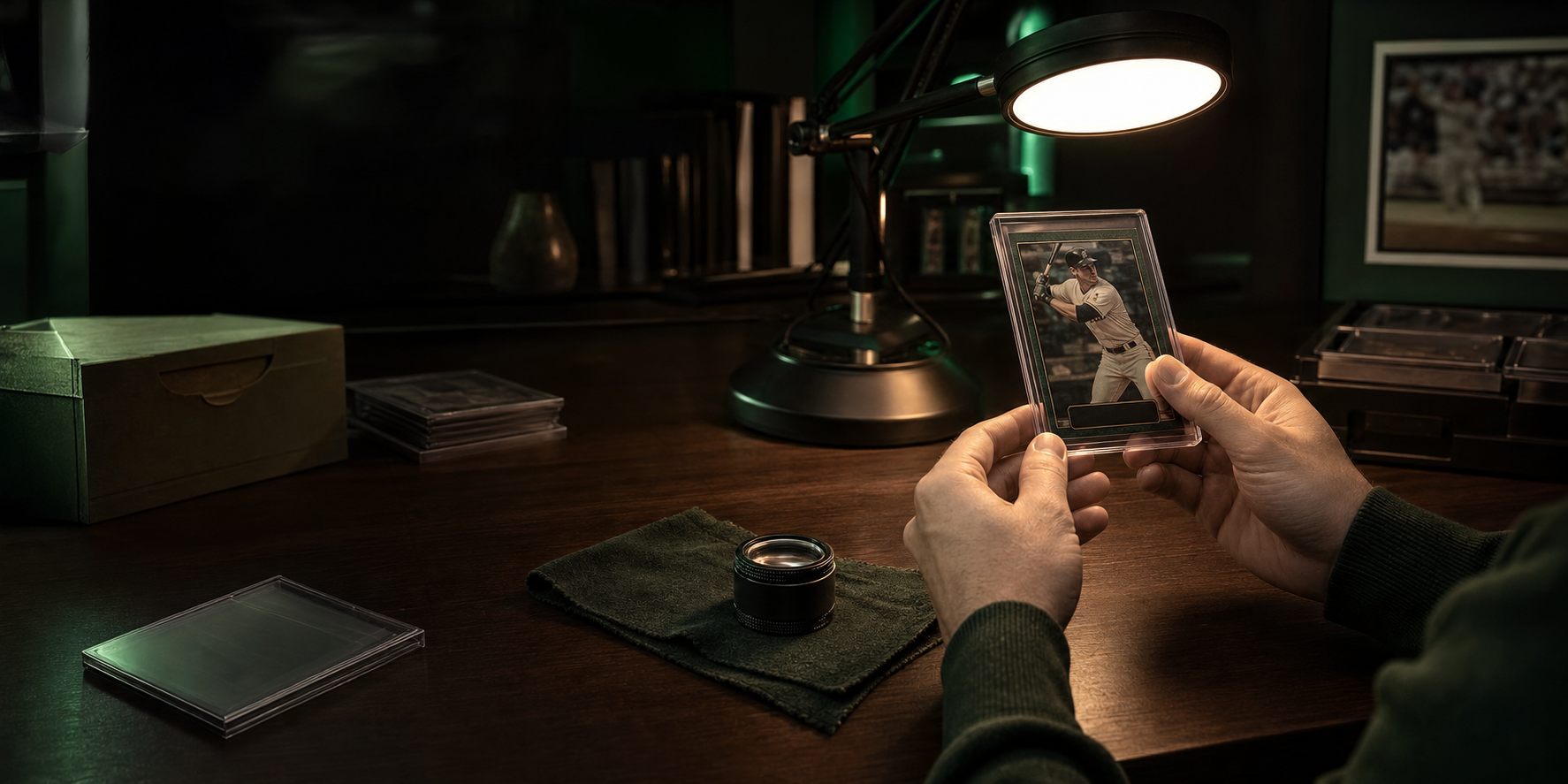 A collector carefully inspecting a trading card at a warm studio desk